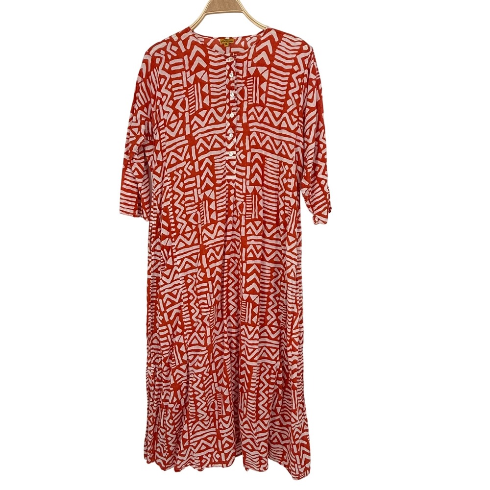 Roberta Roller Rabbit Midi Dress Womens XL Orange Geometric Tribal Cotton Exc